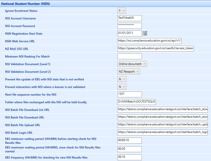 National Student Number (NSN) institution settings screen